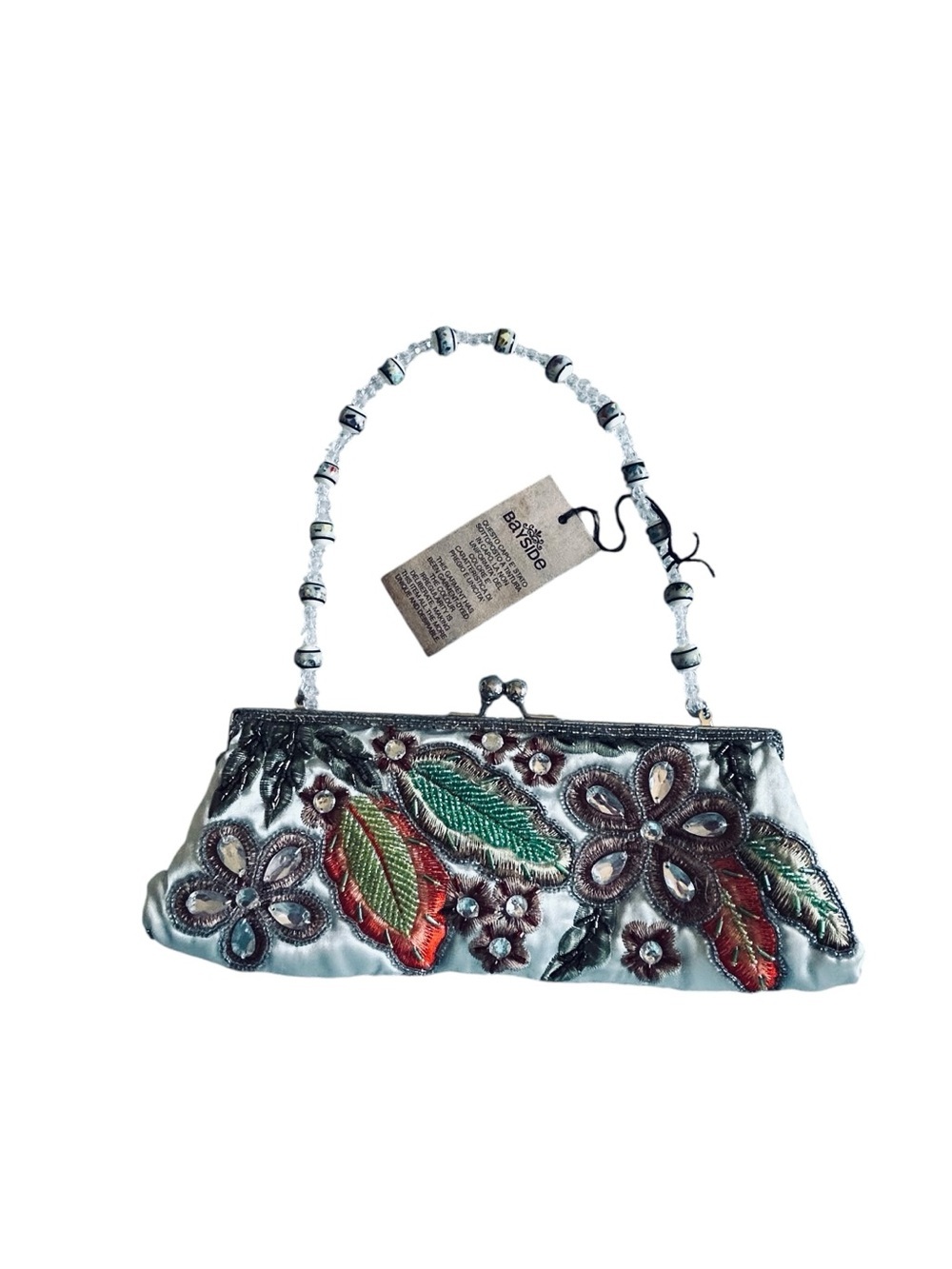 Beaded Floral Satin Evening Clutch - White with Multicolor Embroidery